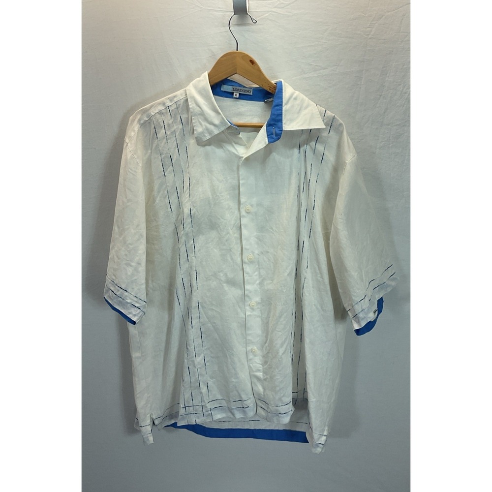 Lorenzino Shirt Mens Blue Striped XL 100% Linen Casual Button Resort Travel